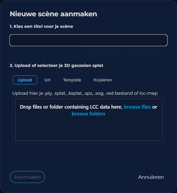 Dialoogvenster Scène aanmaken