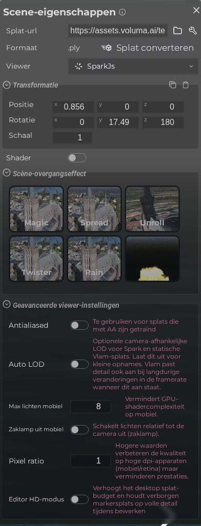 Scène-eigenschappen – Splat