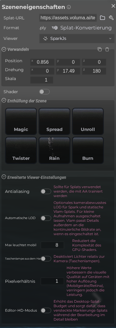 Szeneneigenschaften - Splat
