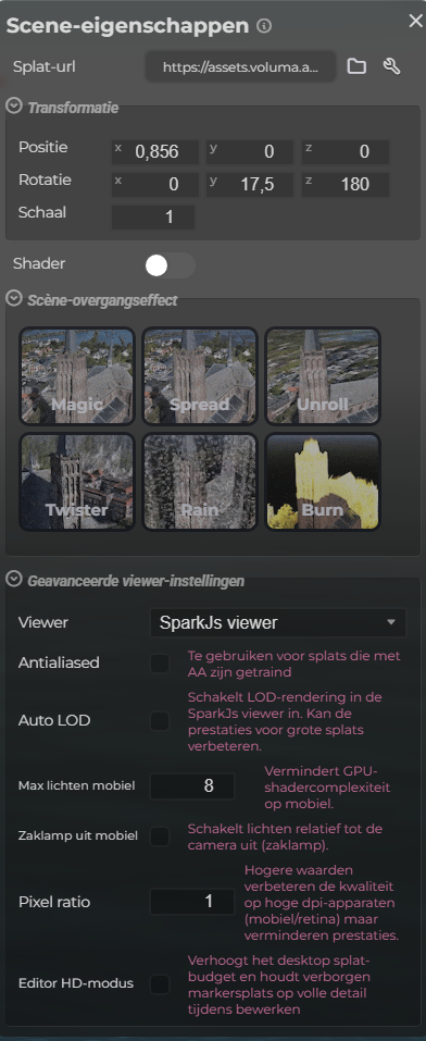 Scène-eigenschappen – Splat