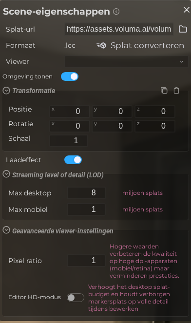Scène-eigenschappen – Splat (LCC)